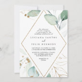 幾何学的金ゴールドユーカリ結婚ダイヤモンド 招待状 (正面)