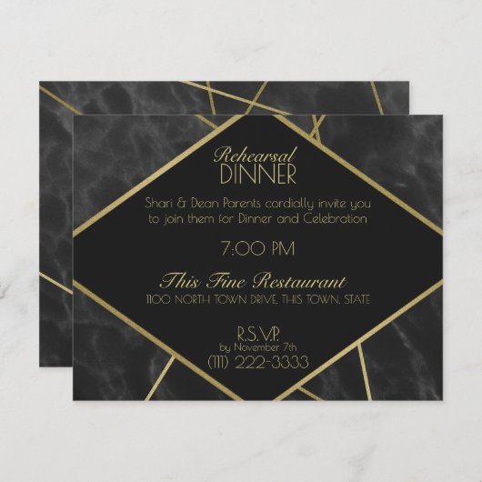 幾何学的金ゴールドラインと大理石リハーサルディナー 招待状 (正面/裏面)