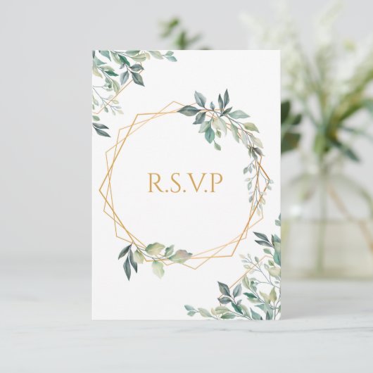 幾何学的金ゴールドリーフウェディングRSVPカード 出欠カード (スタンド正面)
