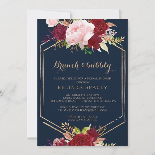 幾何学的金ゴールドレッドブランチ&バブリーブライダルシャワー 招待状 (正面)