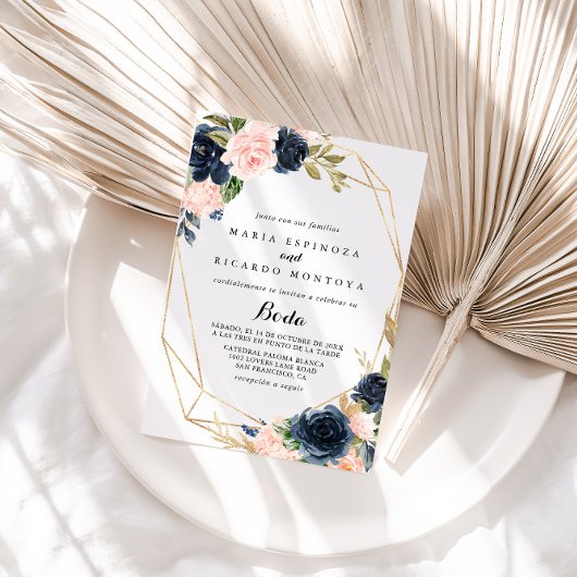 幾何学的金ゴールド冬のフローラスペインのの結婚数 招待状