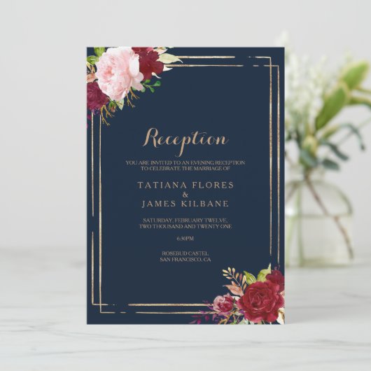 幾何学的金ゴールド及び赤ウェディング受付カード 招待状 (スタンド正面)