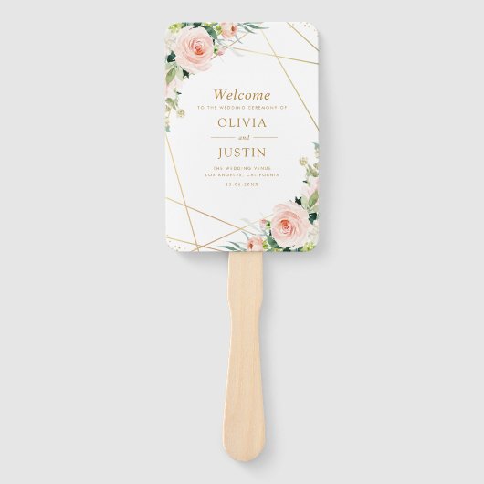 幾何学的金ゴールド及び赤面フローラ結婚式プログラム ハンドファン (正面)