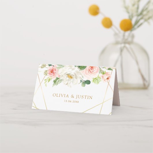 幾何学的金ゴールド及び赤面結婚フローラの座席表 プレイスカード (裏面)