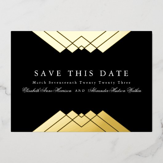 幾何学的金ゴールド日付の保存 箔招待状 (正面)