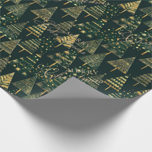 幾何学的金ゴールド松の木グリーンクリスマス金ゴールド ラッピングペーパー (角)