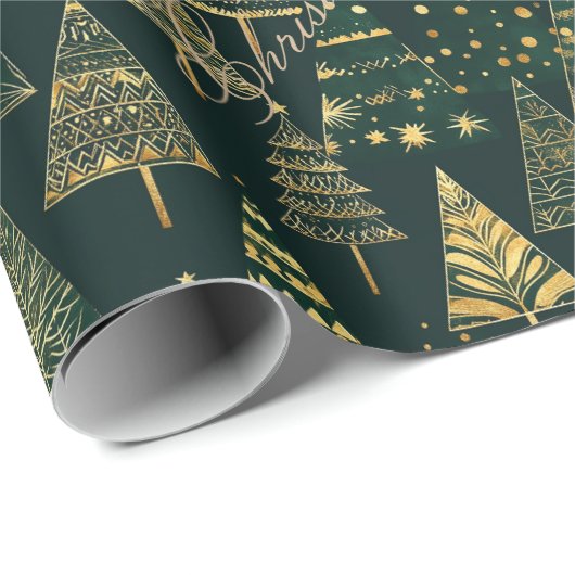 幾何学的金ゴールド松の木グリーンクリスマス金ゴールド ラッピングペーパー (ロールコーナー)