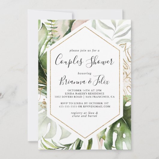 幾何学的金ゴールド熱帯の緑のカップルのシャワー 招待状 (正面)