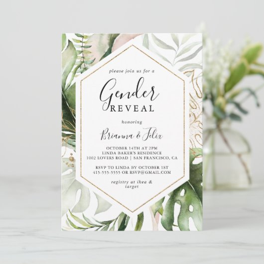 幾何学的金ゴールド熱帯グリーンジェンダーがパーティーを表示 招待状 (スタンド正面)