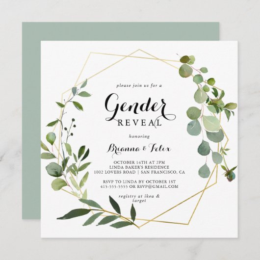 幾何学的金ゴールド熱帯グリーンジェンダーがパーティーを表示 招待状 (正面/裏面)