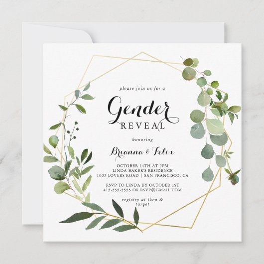 幾何学的金ゴールド熱帯グリーンジェンダーがパーティーを表示 招待状 (正面)