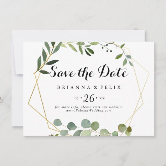 幾何学的金ゴールド熱帯グリーン横結婚線 セーブザデート (正面)