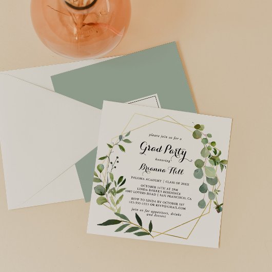 幾何学的金ゴールド熱帯書道グラードパーティー 招待状