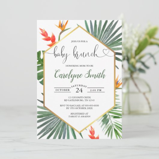 幾何学的金ゴールド熱帯男女兼用ベビーブランチ 招待状 (スタンド正面)