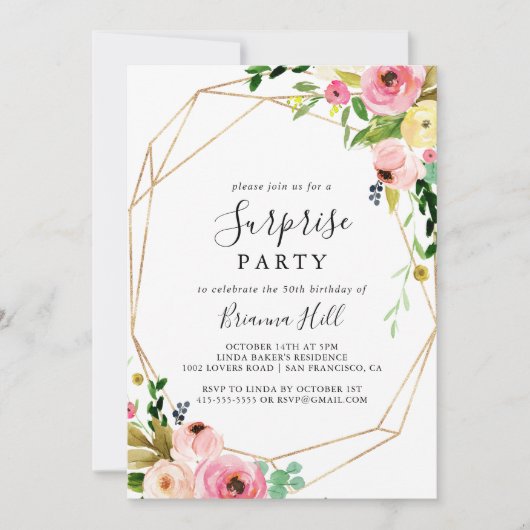 幾何学的金ゴールド熱帯秋フローラサプライズパーティー 招待状 (正面)