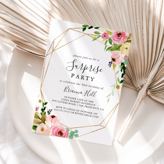 幾何学的金ゴールド熱帯秋フローラサプライズパーティー 招待状