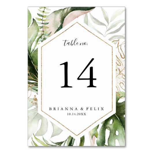 幾何学的金ゴールド熱帯結婚緑 テーブルナンバー (裏面)