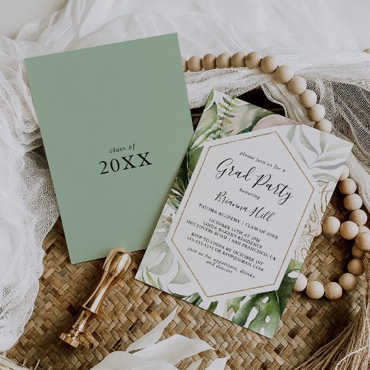 幾何学的金ゴールド熱帯緑のグラードパーティー 招待状