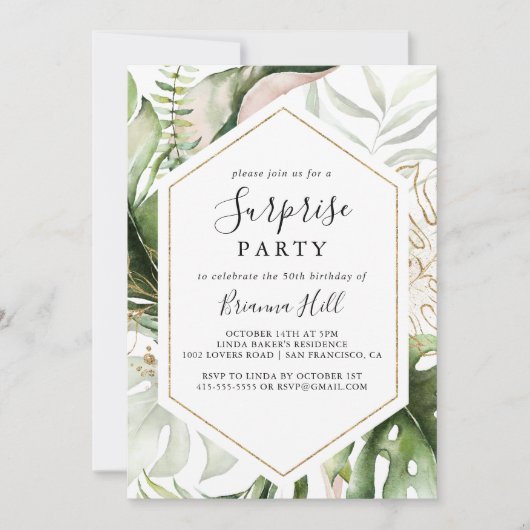 幾何学的金ゴールド熱帯緑の驚きのパーティー 招待状 (正面)