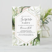 幾何学的金ゴールド熱帯緑の驚きのパーティー 招待状 (スタンド正面)