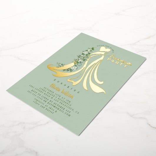 幾何学的金ゴールド熱帯緑バチェロレッテ 箔招待状 (回転した状態)