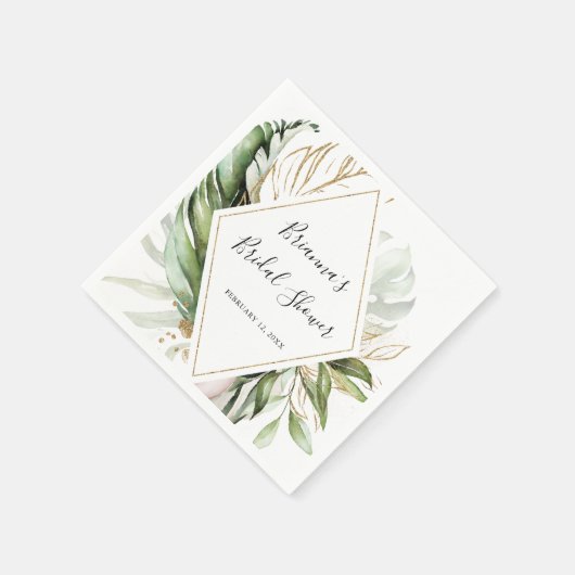 幾何学的金ゴールド熱帯緑ブライダルシャワー スタンダードカクテルナプキン (角)