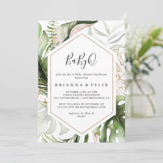 幾何学的金ゴールド熱帯BabyQベビーシャワーバーベキュー 招待状 (スタンド正面)