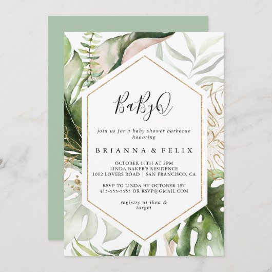 幾何学的金ゴールド熱帯BabyQベビーシャワーバーベキュー 招待状 (正面/裏面)