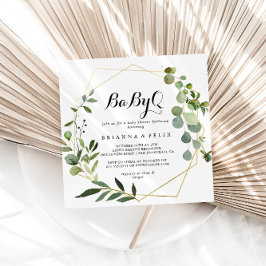 幾何学的金ゴールド熱帯BabyQベビーシャワーバーベキュー 招待状