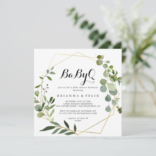 幾何学的金ゴールド熱帯BabyQベビーシャワーバーベキュー 招待状 (スタンド正面)