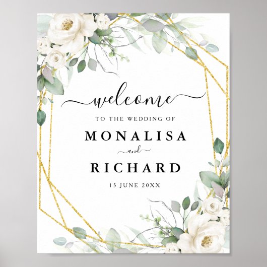 幾何学的金ゴールド白結婚フローラ標識 ポスター (正面)