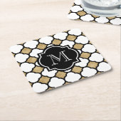 幾何学的金ゴールド白黒クローバーモノグラム ペーパーコースター (アングル)
