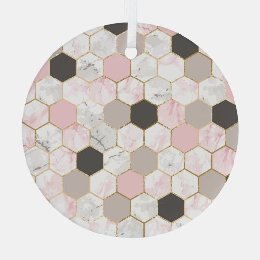 幾何学的金ゴールド箔、大理石六角形パターン。 ガラスオーナメント (裏面)
