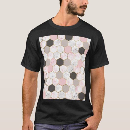 幾何学的金ゴールド箔、大理石六角形パターン。 Tシャツ (正面)