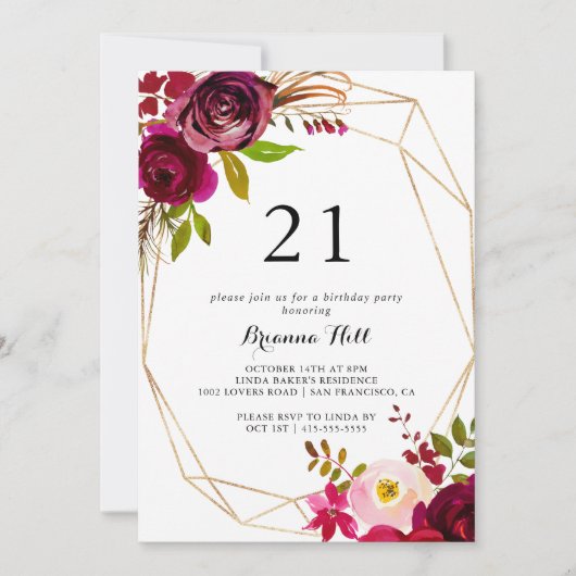 幾何学的金ゴールド素朴赤面21歳の誕生日パーティー 招待状 (正面)
