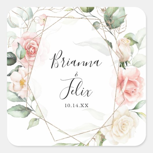 幾何学的金ゴールド結婚の葉の封筒用シール スクエアシール (正面)