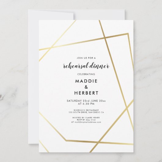 幾何学的金ゴールド結婚フレームのリハーサル 招待状 (正面)