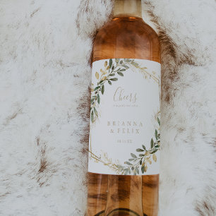 幾何学的金ゴールド緑の応援結婚のワインラベル ワインラベル