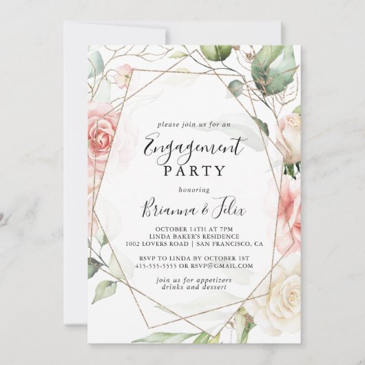 幾何学的金ゴールド緑の葉の婚約パーティ 招待状 (正面)