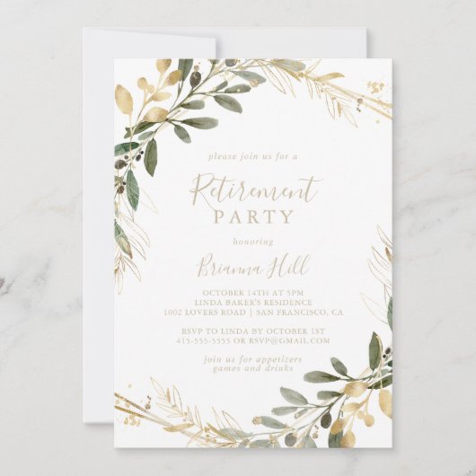 幾何学的金ゴールド緑化秋退職パーティー 招待状 (正面)