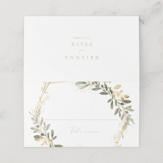 幾何学的金ゴールド緑秋の結婚式座席表 プレイスカード (外部開封)