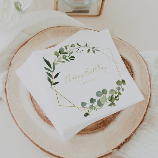 幾何学的金ゴールド緑色書道ハッピーバースデー スタンダードカクテルナプキン