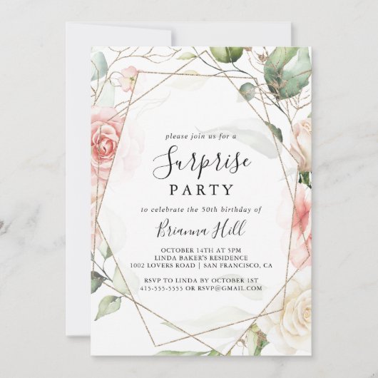 幾何学的金ゴールド緑葉フローラ驚きパーティー 招待状 (正面)