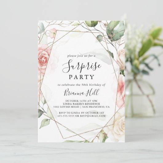 幾何学的金ゴールド緑葉フローラ驚きパーティー 招待状 (スタンド正面)