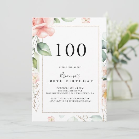 幾何学的金ゴールド緑葉100th誕生日パーティー 招待状 (スタンド正面)