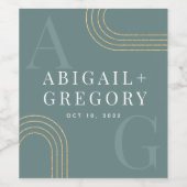 幾何学的金ゴールド線モノグラム結婚グリーン ワインラベル (シングルラベル)