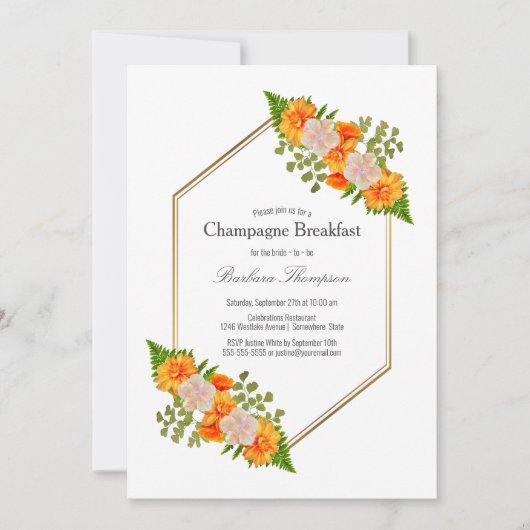 幾何学的金ゴールド赤面オレンジフローラシャンパンブレーク 招待状 (正面)
