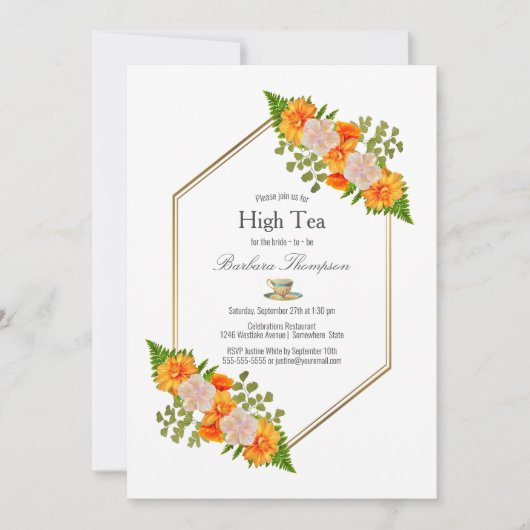 幾何学的金ゴールド赤面オレンジフローラブライダルハイティー 招待状 (正面)