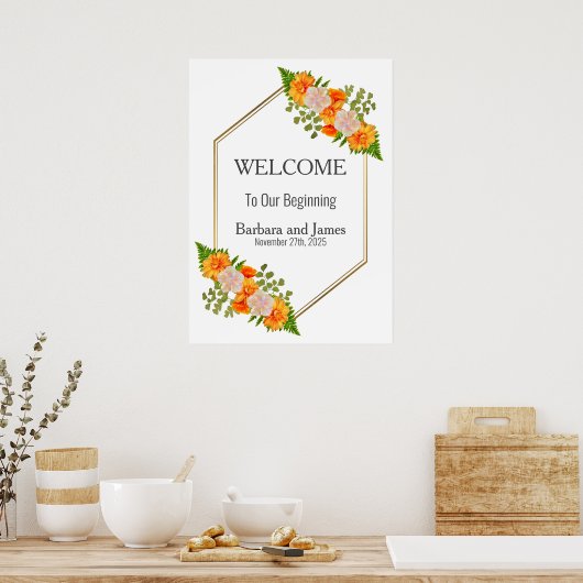 幾何学的金ゴールド赤面オレンジ結婚フローラ ポスター (キッチン)