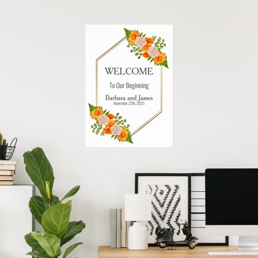 幾何学的金ゴールド赤面オレンジ結婚フローラ ポスター (ホームオフィス)